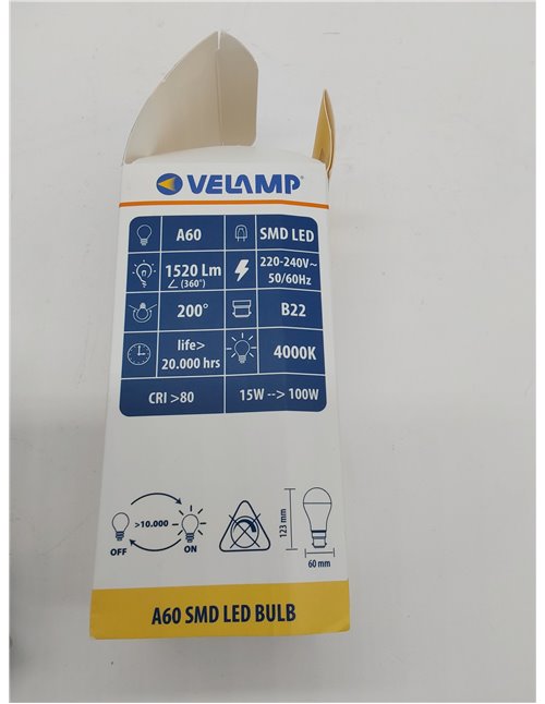 Velamp Bombilla LED SMD, A60 Drop, 15W / 1520lm, base B22 (Francia), 4000K 