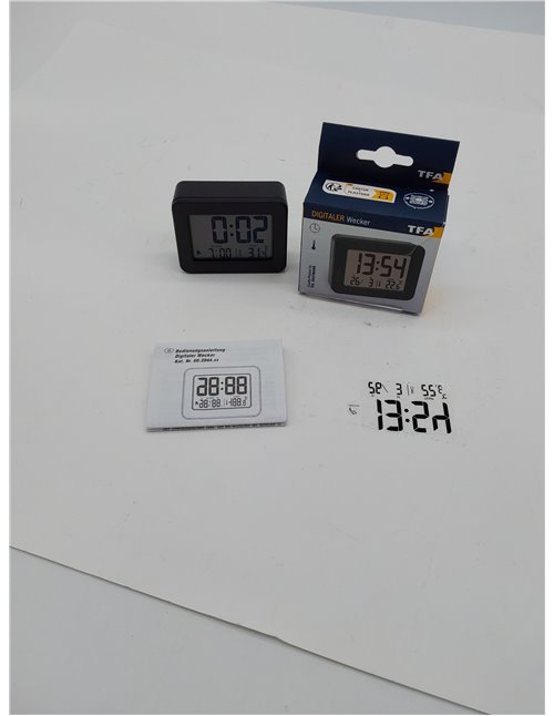 TFA Dostmann Mini Despertador Digital 60.2044.01, Funciona con Pilas, con Alarma Fuerte, Temperatura Interior, Fecha, Reloj de C