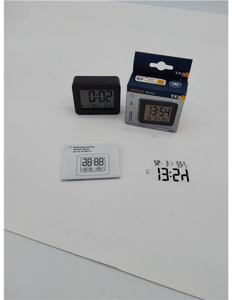 TFA Dostmann Mini Despertador Digital 60.2044.01, Funciona con Pilas, con Alarma Fuerte, Temperatura Interior, Fecha, Reloj de C