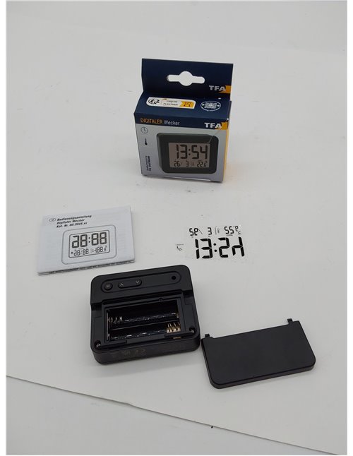 TFA Dostmann Mini Despertador Digital 60.2044.01, Funciona con Pilas, con Alarma Fuerte, Temperatura Interior, Fecha, Reloj de C