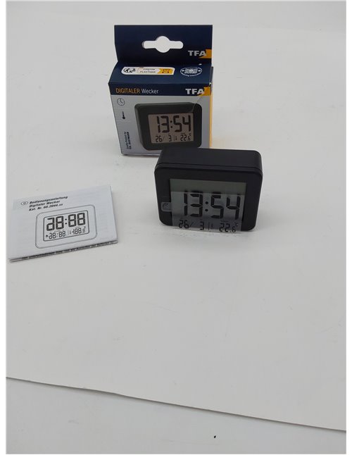 TFA Dostmann Mini Despertador Digital 60.2044.01, Funciona con Pilas, con Alarma Fuerte, Temperatura Interior, Fecha, Reloj de C