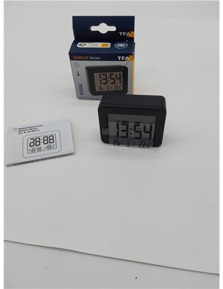 TFA Dostmann Mini Despertador Digital 60.2044.01, Funciona con Pilas, con Alarma Fuerte, Temperatura Interior, Fecha, Reloj de C