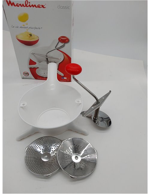 Moulinex - Pasapurés manual de plástico y acero inoxidable, formato compacto con dos discos tamizadores, para purés, sopas y com