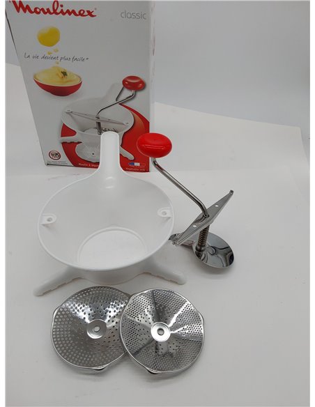 Moulinex - Pasapurés manual de plástico y acero inoxidable, formato compacto con dos discos tamizadores, para purés, sopas y com