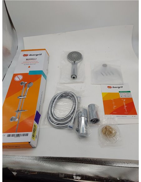 Ibergrif, M20903-1 Conjunto Regulable, Instalación sin Clavos, Barra Ducha con Jabonera, Manguera, Alcachofa, Soporte, Plata