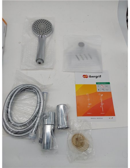 Ibergrif, M20903-1 Conjunto Regulable, Instalación sin Clavos, Barra Ducha con Jabonera, Manguera, Alcachofa, Soporte, Plata