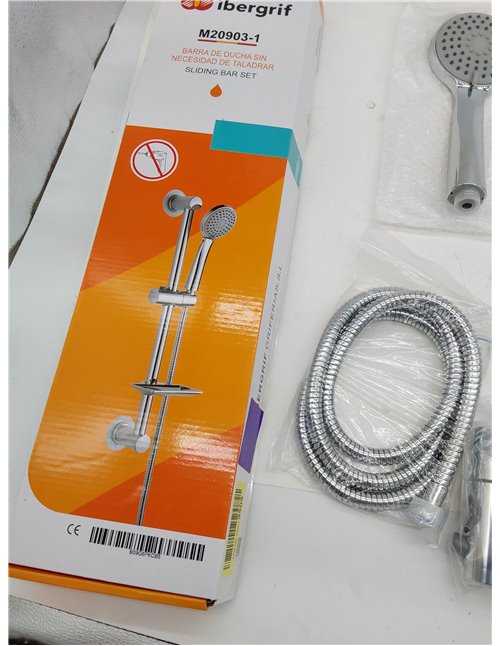 Ibergrif, M20903-1 Conjunto Regulable, Instalación sin Clavos, Barra Ducha con Jabonera, Manguera, Alcachofa, Soporte, Plata