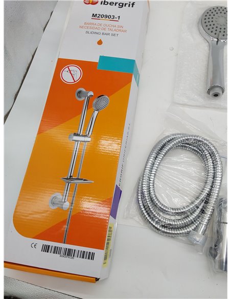 Ibergrif, M20903-1 Conjunto Regulable, Instalación sin Clavos, Barra Ducha con Jabonera, Manguera, Alcachofa, Soporte, Plata