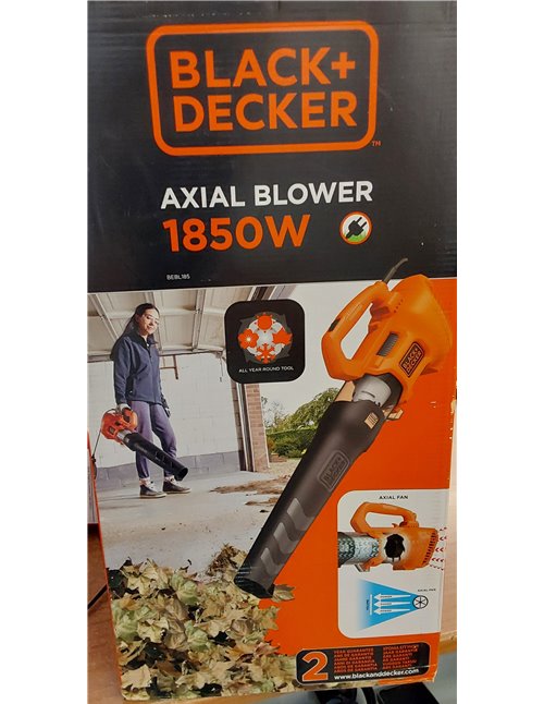 BLACK+DECKER Soplador de Hojas Axial 1.850W, Velocidad de Soplado 225 km/h, Volumen de Soplado 12.5 m³/min, Ventilador Axial Dis