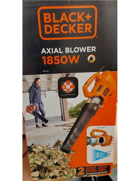 BLACK+DECKER Soplador de Hojas Axial 1.850W, Velocidad de Soplado 225 km/h, Volumen de Soplado 12.5 m³/min, Ventilador Axial Dis
