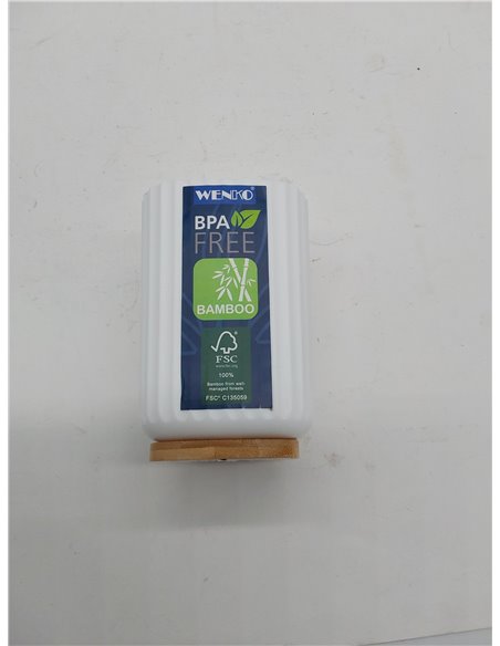 WENKO Vaso para el cepillo de dientes Rotello, portacepillos de plástico py base de bambú, para guardar utensilios, estructura a