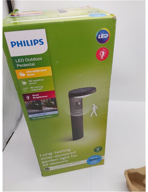 Philips - Pedestal de exterior Philips Tyla 1.8W Luz Neutra 4000k, con sensor de movimiento y alimentación solar, protección IP4