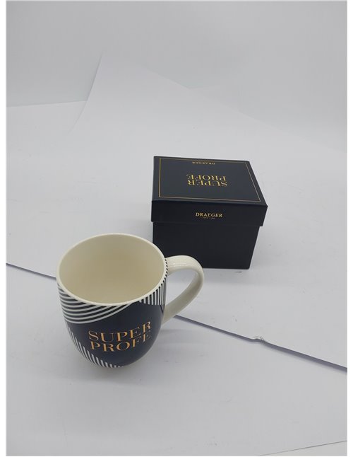 DRAEGER PARIS 1886 - Taza Cerámica Mensaje Super Profe Diseño Chic - 320 ml - Color Azul o Rosa con Detalles en Oro - Elegante y