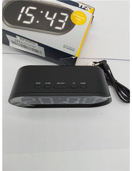TFA Dostmann - Despertador Digital con números de luz LED, Incluye Temperatura Interior, Tiempo de repetición Ajustable, plástic