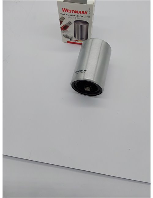 Westmark Abrebotellas automático/elevador de tapas, Para abrir botellas con tapa tipo chapa, Aluminio satinado, Push&Pull, Plate