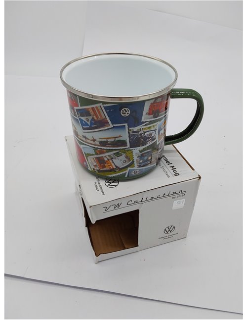 BRISA VW Collection - Volkswagen Taza Grande de Esmalte para cafété o Cappuccino T1-T3 Bus para Camping (500 ml/Sellos/Colorido)