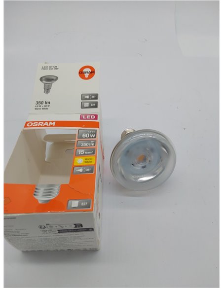 Osram Superstar R80 Bombilla LED reflectora, Casquillo E27, 2700 K, 4.3 W, Equivalente a 60W, Blanco cálido, 1 Unidad (Paquete d
