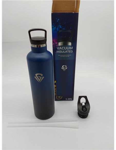 Grsta Botella Termica, Botella Acero Inoxidable 1 litro, sin BPA, Botella agua Gimnasio con Pajita, A Prueba de Fugas, Termo, Do