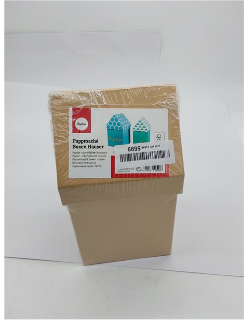 Rayher Cajas casitas papel maché, 2 ud, 13,3x13,3x23, 11,5x11,5x20 cm, manualidades, 67216000