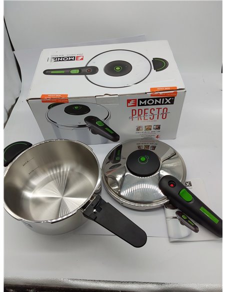 MONIX Presto Olla a presión 4L, de acero inoxidable 18/10, apta para todo tipo de cocinas incluso inducción