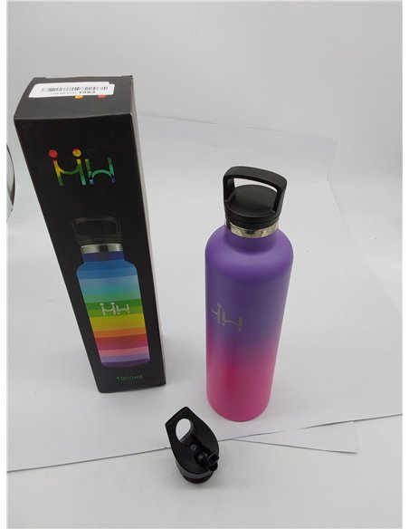 Botella Agua Acero Inoxidable, Botella Termica 1 litro, sin BPA, Botella con Pajita, A Prueba de Fugas, Botella Agua Gimnasio, D