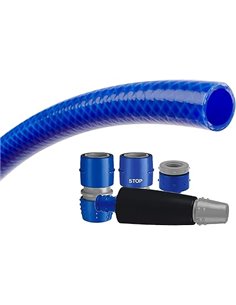 TATAY Kit Manguera de Jardín Azul, Blue Line, en Rollo de 15m, Reforzada, Libre de cadmio, Libre de BPA, Equipada con Kit Comple