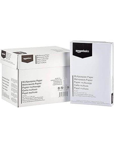 Amazon Basics Papel multiusos para impresora A4 80gsm, 2500 Unidad, 5 Paquetes de 500, Blanco
