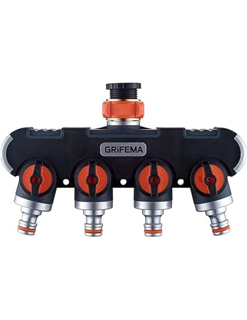 GRIFEMA, gE1401-4 Distribuidor de 4 vías, Desviador de Grifo de 3/4 y 1/2, Con Adaptador para Ajuste de Caudal, Riego con 4 Cone