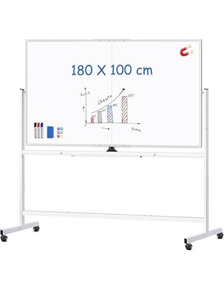 maxtek Pizarra Blanca Móvil 180 x 100 cm, Pizarra Magnética Marco de Aluminio de Doble Cara, con Marcadores, Imanes, Borrador de
