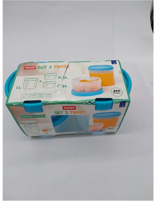 Tatay Set de 3 Fiambreras de Alimentos, 2 x 0.5L, 1 x 1L, Tapa de Rosca, Libre de BPA, Apto Microondas y Lavavajillas, Color Azu
