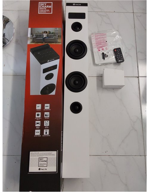 NGS Sky Charm White- Torre de Sonido Bluetooth 50W con Mando a Distancia, Entrada Óptica, USB, Radio FM y AUX IN (Color Blanco)