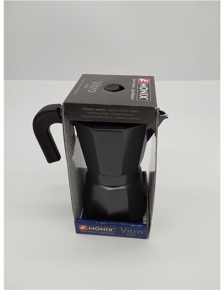 Monix Vitro Noir Cafetera italiana de aluminio 6 tazas, Apta para todo tipo de cocinas salvo inducción, Color negro 