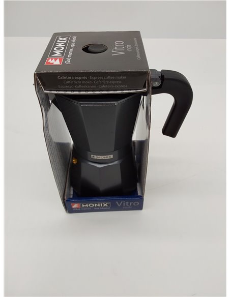 Monix Vitro Noir Cafetera italiana de aluminio 6 tazas, Apta para todo tipo de cocinas salvo inducción, Color negro 