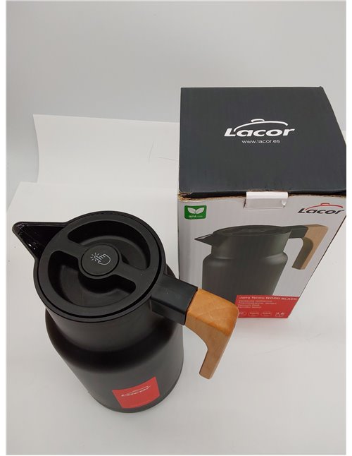 LACOR - 62598 - Jarra Termo WOOD BLACK, Termo para Líquidos, Mantiene el Frío y Calor, Polipropileno, Doble pared con capa de vi