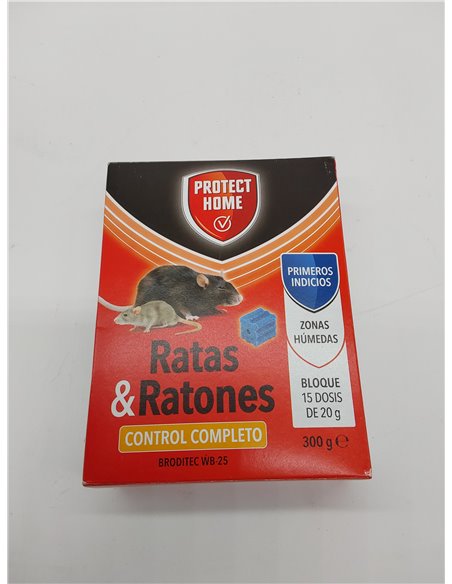 Protect Home Raticida en Bloques de Alta eficacia y atracción, Zonas humedas. Ratas y Ratones, 15 x 20gr. (300gr, Rojo, 300 G