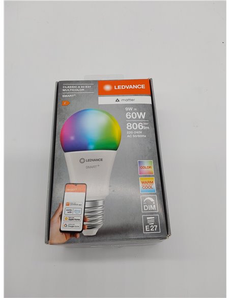LEDVANCE Lámpara LED SMART+ MATTER, compatible con Google, Alexa, Apple, aspecto esmerilado, 9W, 806lm, base E27, función RGBW y