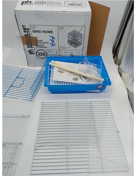 Prevue Pet Products - Jaula de Viaje para periquitos y pájaros pequeños con Alambre Blanco, Base de plástico Azul con Bandeja ex
