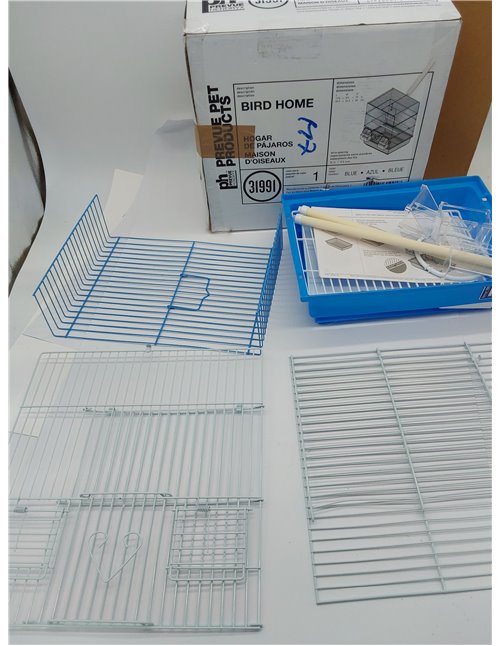 Prevue Pet Products - Jaula de Viaje para periquitos y pájaros pequeños con Alambre Blanco, Base de plástico Azul con Bandeja ex