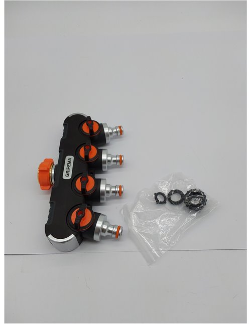 GRIFEMA, gE1401-4 Distribuidor de 4 vías, Desviador de Grifo de 3/4 y 1/2, Con Adaptador para Ajuste de Caudal, Riego con 4 Cone