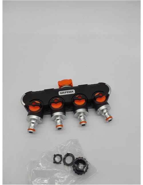 GRIFEMA, gE1401-4 Distribuidor de 4 vías, Desviador de Grifo de 3/4 y 1/2, Con Adaptador para Ajuste de Caudal, Riego con 4 Cone