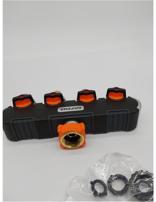 GRIFEMA, gE1401-4 Distribuidor de 4 vías, Desviador de Grifo de 3/4 y 1/2, Con Adaptador para Ajuste de Caudal, Riego con 4 Cone