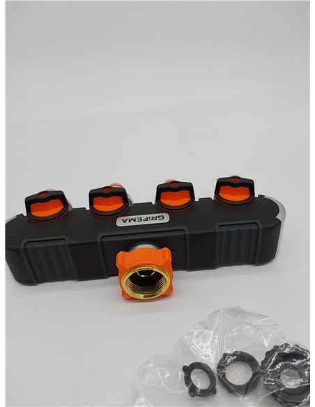 GRIFEMA, gE1401-4 Distribuidor de 4 vías, Desviador de Grifo de 3/4 y 1/2, Con Adaptador para Ajuste de Caudal, Riego con 4 Cone