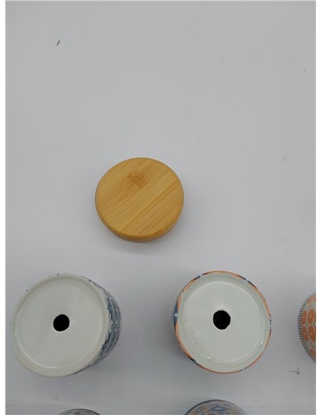 BELLE VOUS Set de Macetas Pequeñas de Ceramica - 6X Maceta Decorativa de Interior para Suculentas de 7,5 cm con Platillo de Bamb