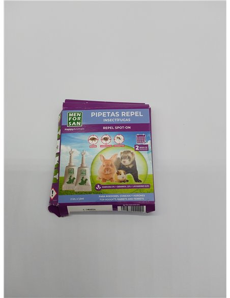 MENFORSAN Pipetas Anti-Insectos para roedores, Conejos y Hurones, con Margosa, geraniol y lavandino - Blister con 2 Unidades