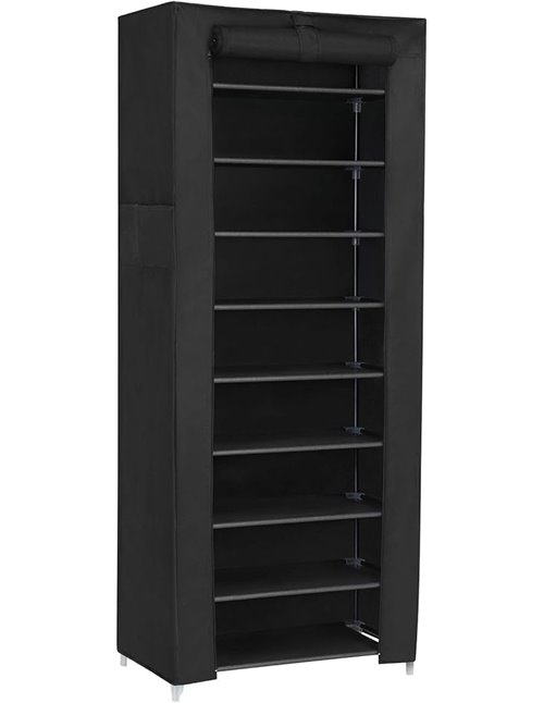 SONGMICS Zapatero, 10 Niveles, Zapatero de Entrada 28 x 58 x 160 cm con Cubierta de Tela, Delgado, Marco de Metal, Negro RXJ10H