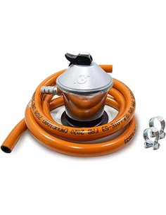 S&M 321771 - Kit completo butano: Regulador de gas butano + Tubo Goma 1,5 metros + 2 abrazaderas de seguridad | Homologado para 