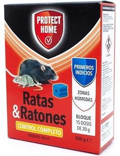 Protect Home Raticida en Bloques de Alta eficacia y atracción, Zonas humedas, Ratas y Ratones, 15 x 20gr, (300gr, Rojo, 300 G