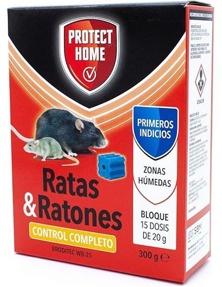 Protect Home Raticida en Bloques de Alta eficacia y atracción, Zonas humedas, Ratas y Ratones, 15 x 20gr, (300gr, Rojo, 300 G