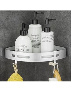 GRICOL Estantería esquinera para ducha, sin agujeros, de metal con 2 ganchos, estante para ducha, con adhesivo, para baño y coci