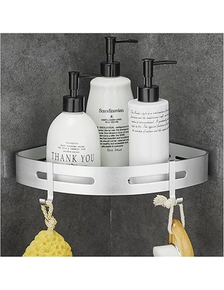 GRICOL Estantería esquinera para ducha, sin agujeros, de metal con 2 ganchos, estante para ducha, con adhesivo, para baño y coci